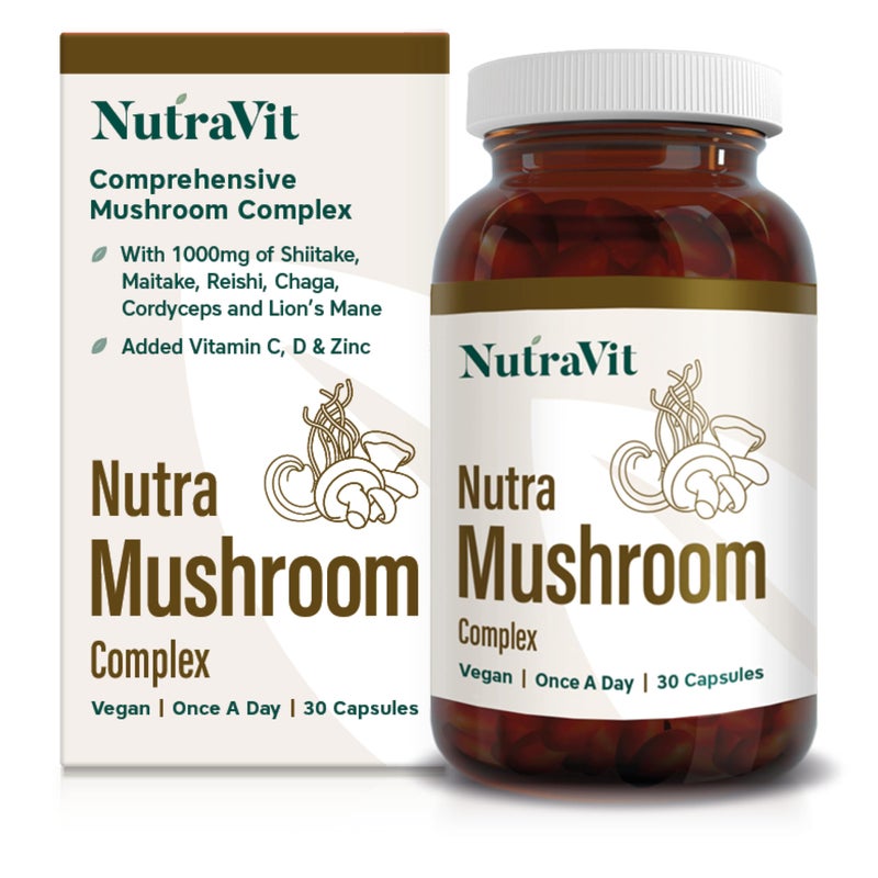 NutraMushroom - Comprehensive Mushroom Complex, with 6000mg of Shiitake, Maitake, Reishi, Chaga, Cordyceps and Lionâ€™s Mane - with Added Vitamin C, D & Zinc - NutraVit, 30 Capsules